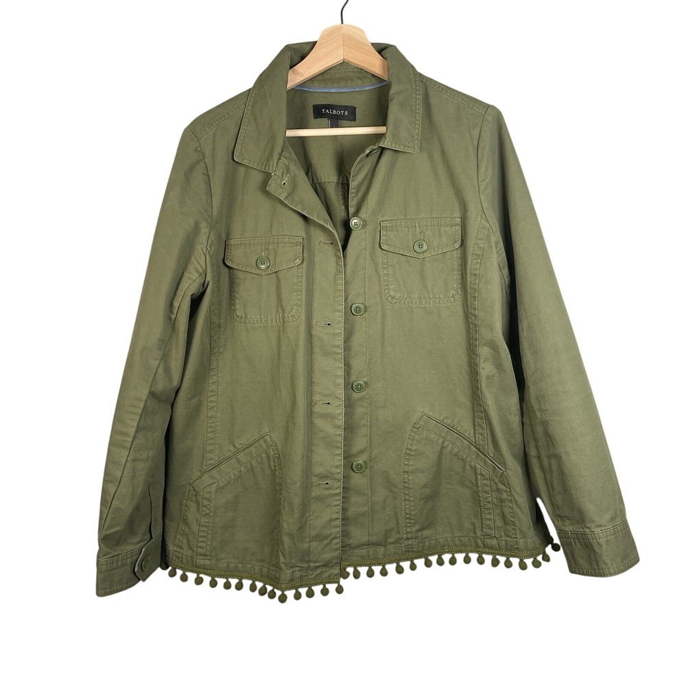Talbots Jacket Pom Pom Army Green Flap Pockets Gorpcore‎ Lightweight Women's L